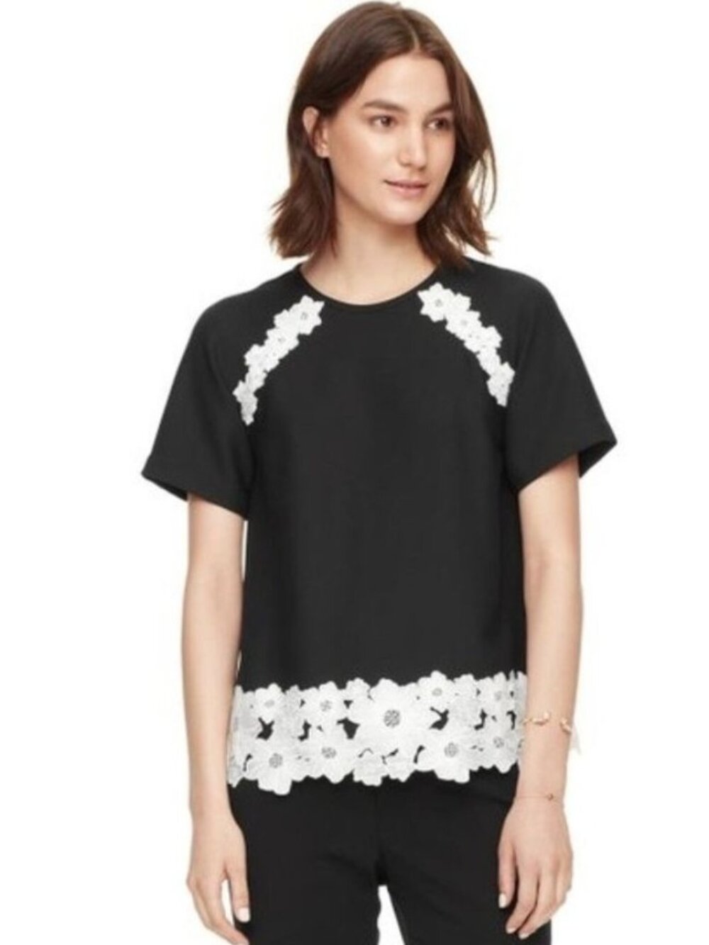 Kate Spade Lace Trim Satin Crepe Top Flights Of Fancy Black Sz 10 Preppy Office